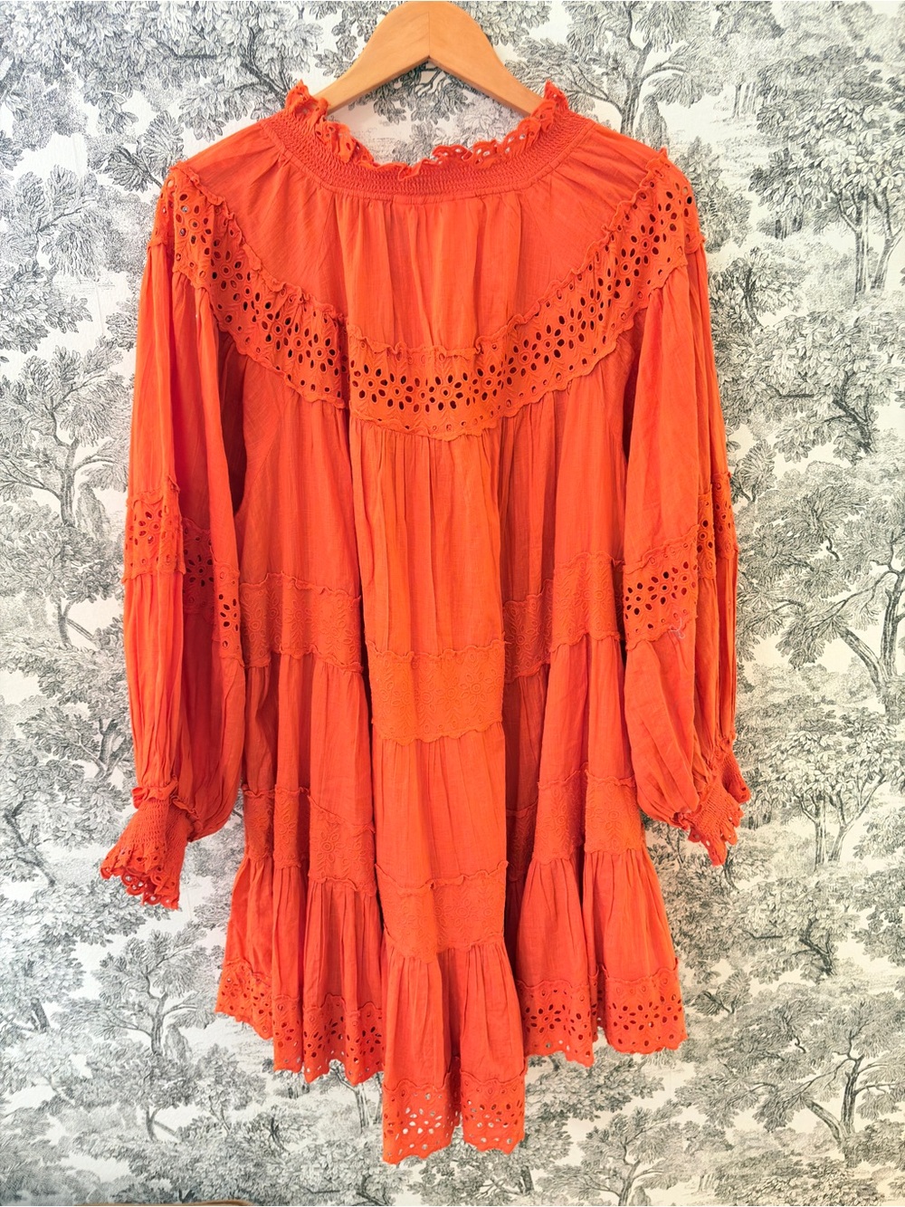 Anthropologie Maeve Long Sleeve Orange Red Mini Dress Plus Eyelet Tiered 1X EUC - Picture 8 of 9